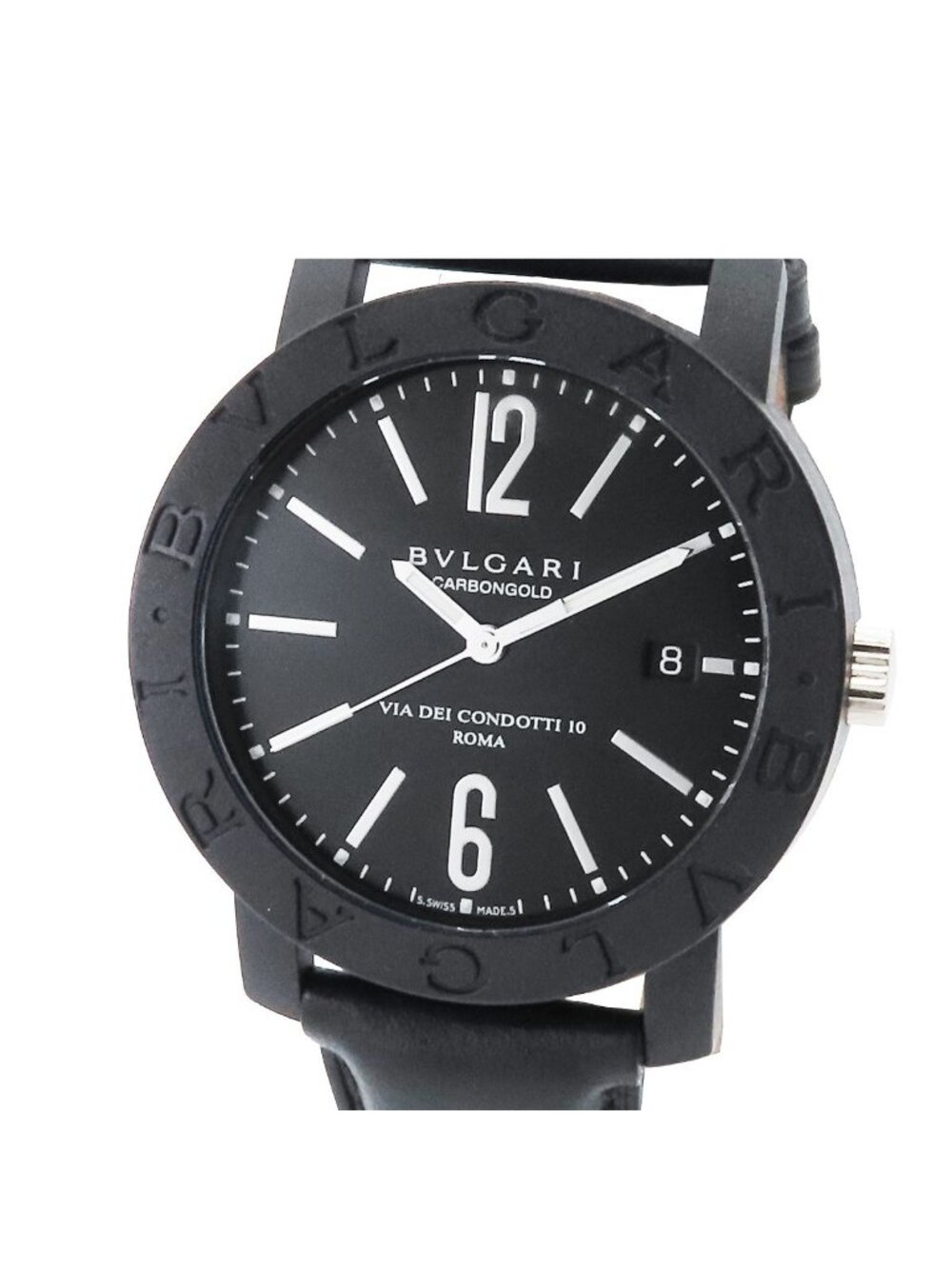Bvlgari Black 18k White Gold Leather Carbon Watch Automatic